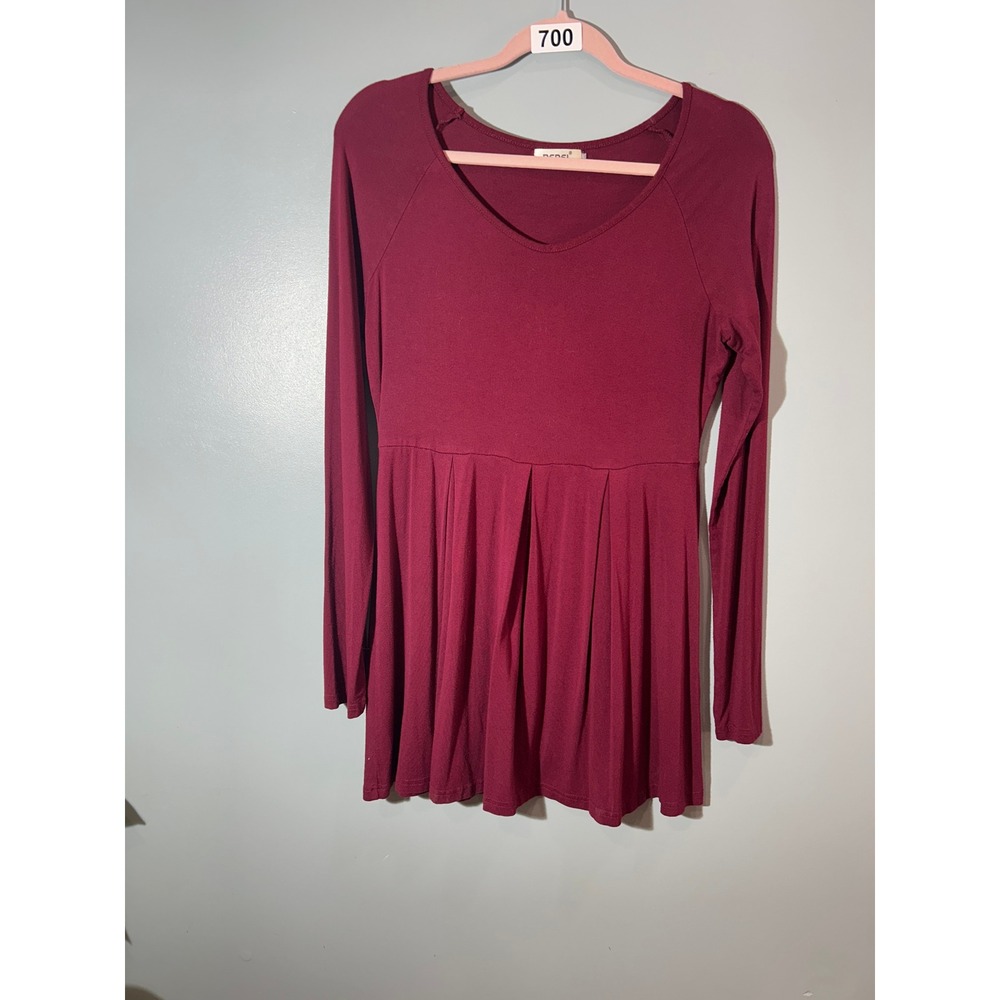 Bepei Womens Burgundy V-Neck Pleated Empire Waist Long Sleeve Tunic Top